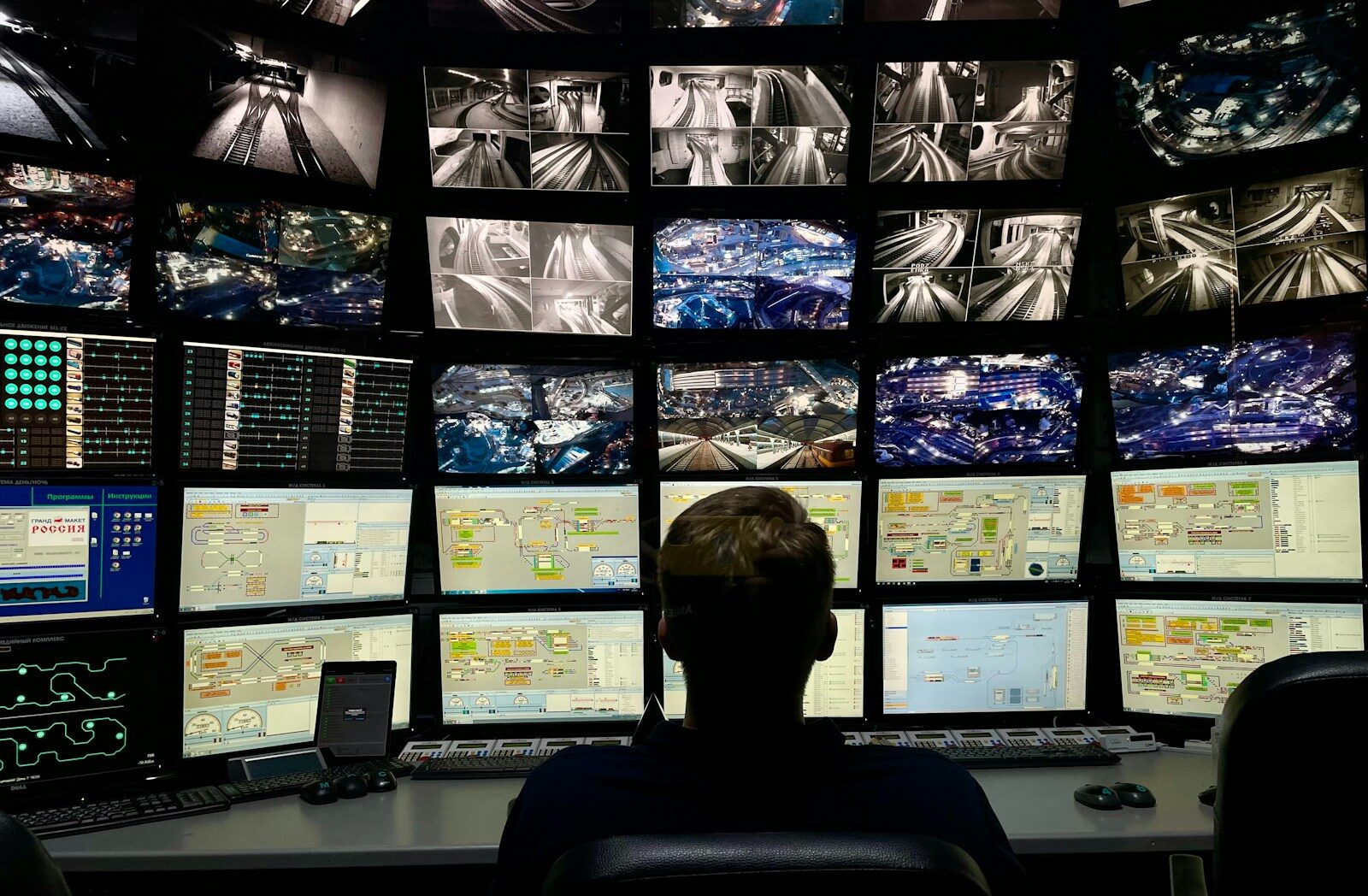 a man sitting in front of multiple monitors